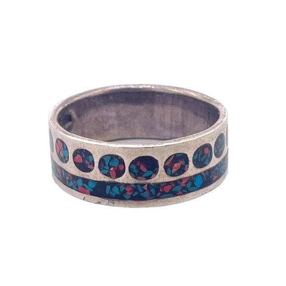 925 Sterling Silver Band Ring Gemstone Chips Inlay Size 8.75 - Picture 1 of 6